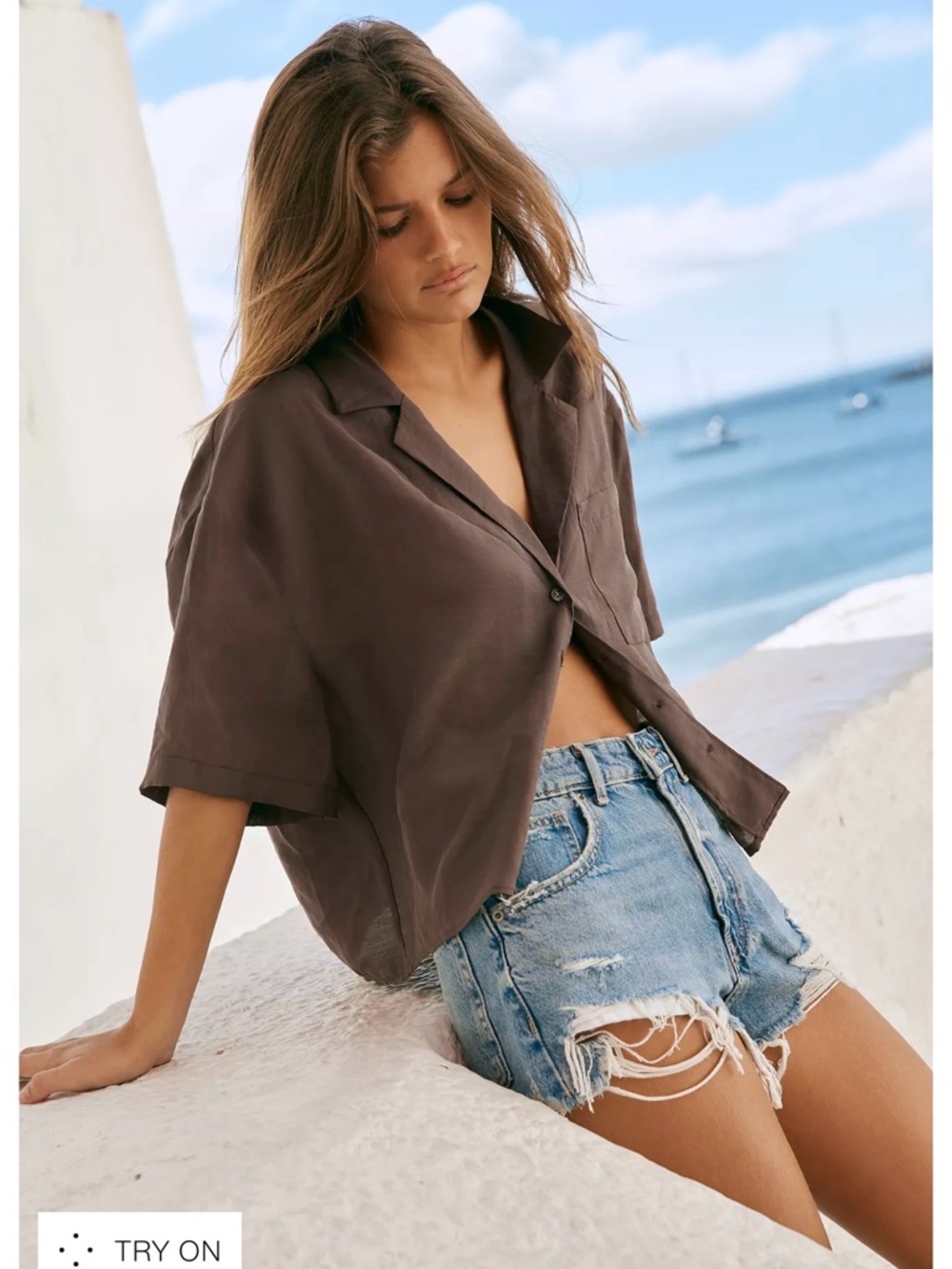 ZARA High-Rise Curved Distressed Denim Shorts Size 34 NWT